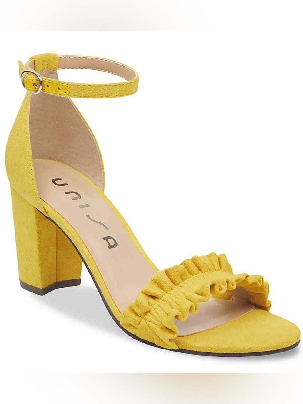 Unisa Yellow Ruffle Suede Block Heel Sandal (10)